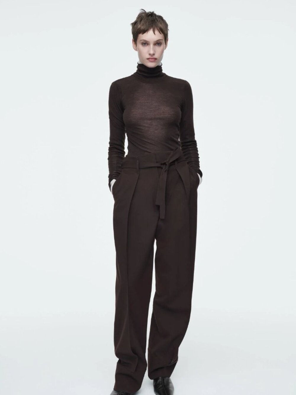 NWT COS Dark Brown Turn-Up Wool Blend Trousers Size 6